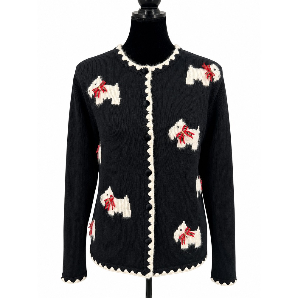 Talbots Petites Womens PS Scottie Dog Cardigan Black Tartan Bow Novelty Sweater